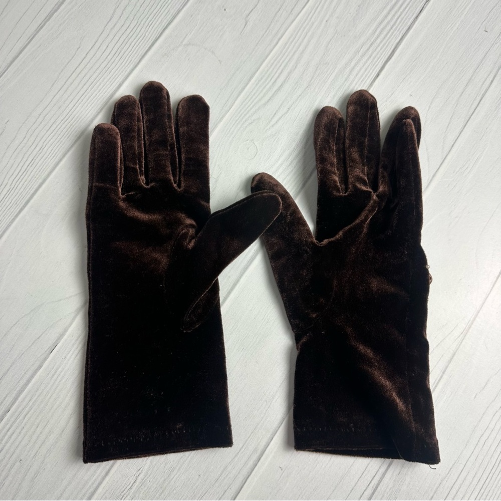 Vintage Style Brown Velvet Evening Gloves Floral Embroidered Beaded - Picture 4 of 7